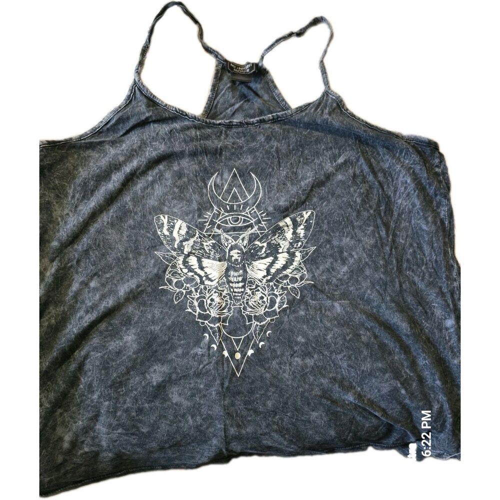 Midnight Hour Women’s Gray Acid Wash Butterfly Floral Graphic Tank Top 2XL Plus